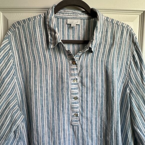 J. Jill Women's XL Blue Vertical Striped Love Linen 3/4 Sleeve Popover Blouse - Picture 3 of 10